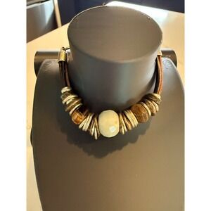 Leather Cord Beaded Bracelet Tiger Eye Look Silver Tone Artisan Boho Jewelry